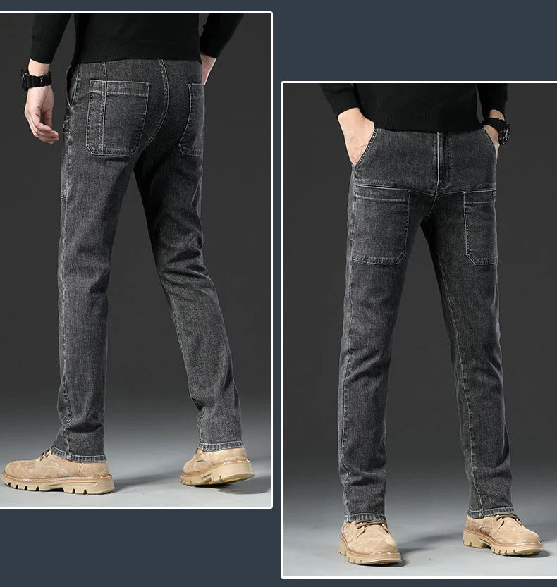 6 Pocket Design Denim Jeans Men's 2025 New High Elasticity Denim Casual Trousers Straight Male Pants Fashion Mid-waist Jeans