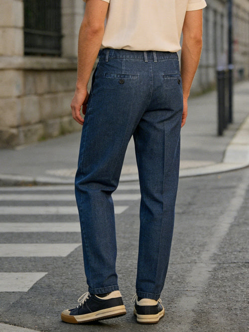 026 Spring Summer Men's Denim Look Woven Trousers, Neapolitan Double Pleat  High Waist Straight Leg Business Dress Pants