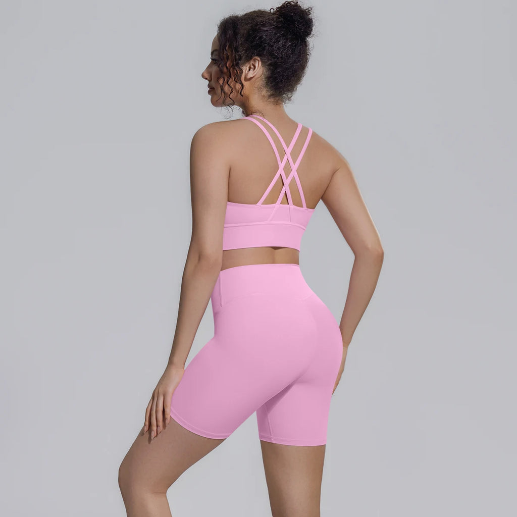 2PCS/set Yoga Set Summer Breathable Running Cycling Backless Sports Bra High Waist Peach Buttocks Fitness Shorts Gym Yoga Set