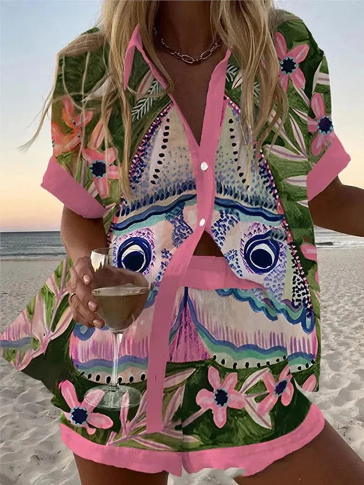 Women Summer Fashion Shorts Sets Retro Print Sleeve Shirt Shorts Suit New Casual Loose Female Beach Vacation Shorts 2 Piece Set
