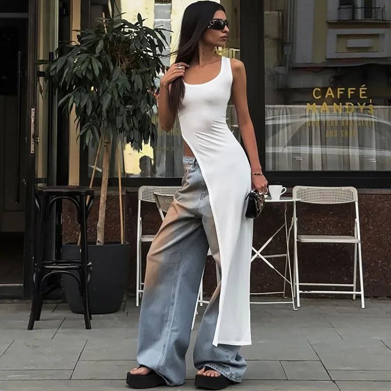 Sexy Sleeveless Side High Split Midi Dress Backless Women's Summer Party Club Streetwear Y2K Style Solid Color