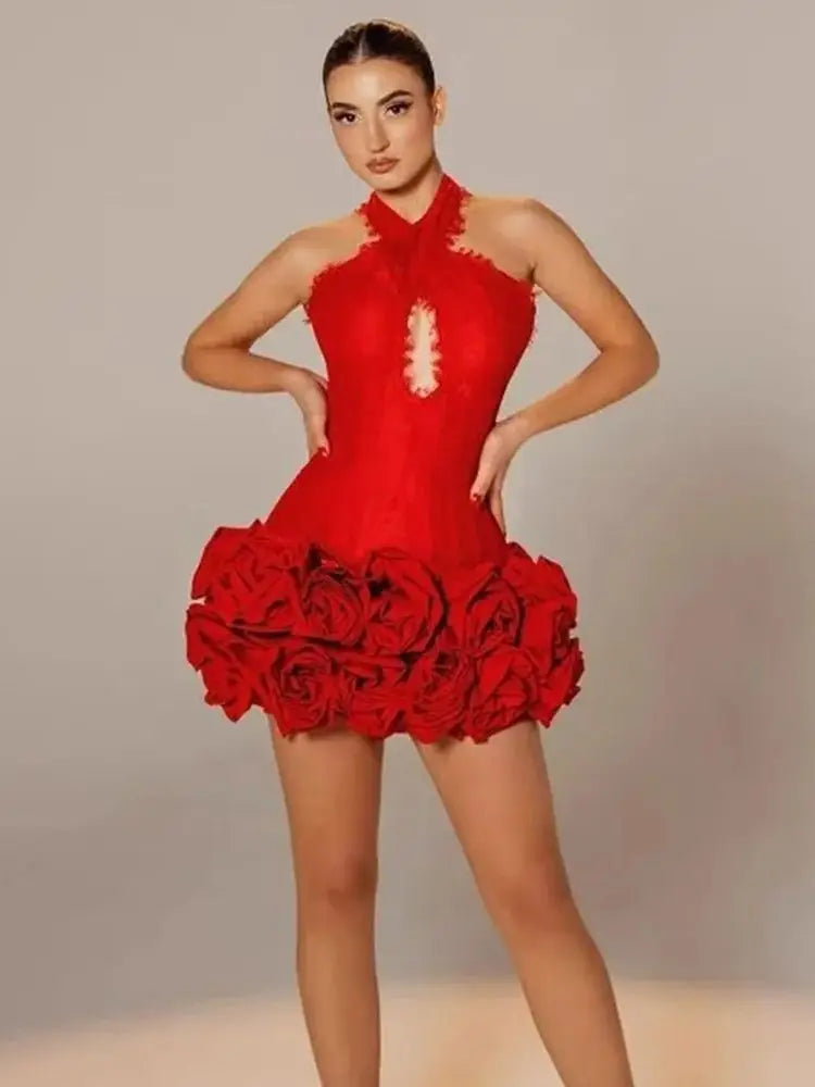 Women Sexy Hollow Out Lace Patchwork Bandage Dress Fashion Flowers Club Party Mini Dresses