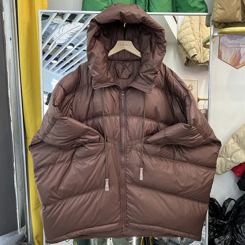 2025 New Winter Women 90% White Duck Down Jacket Casual Loose Over Size Warm Parka Female Drawstring Hooded Puffer Coat