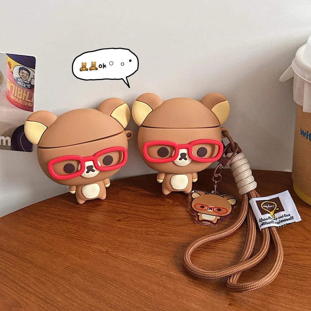 Cute Cartoon Rilakkuma Bear Earphone Case For Airpods 1 2 3 4 Pro 2 3 3D Wireless Bluetooth Headset Protective Soft Cover