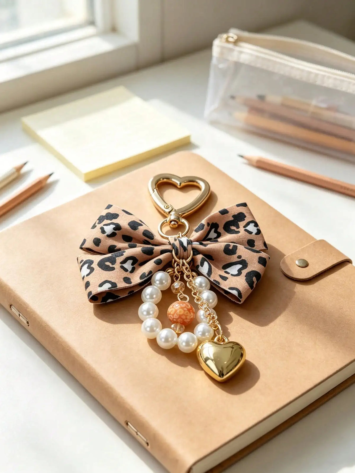 Leopard Print Bow Keychain Heart Pendant Women's Bag Simple Charm Pearl Keychain Beaded Charm Gift For Women