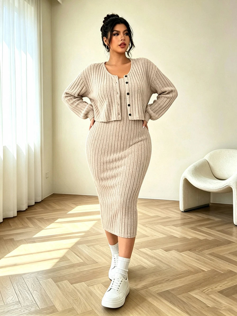 Plus-size Women's Button-down Cardigan Dress Set, Ribbed Knit, Drop-shoulder Design, Perfect for Autumn Wear
