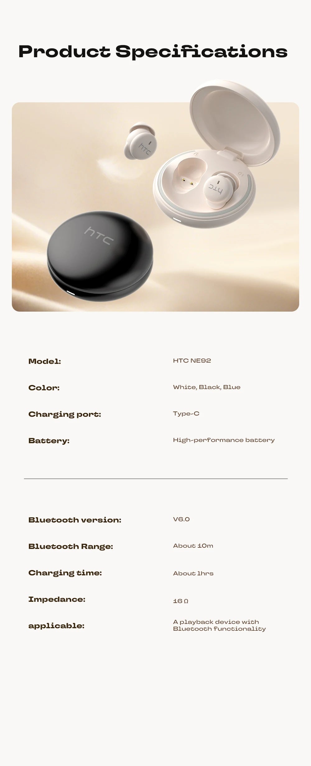 HTC NE92 Sleeping Mini Bluetooth Earphones TWS Wireless Headphones With Mic Noise Reduction Soft In-Ear Earbuds