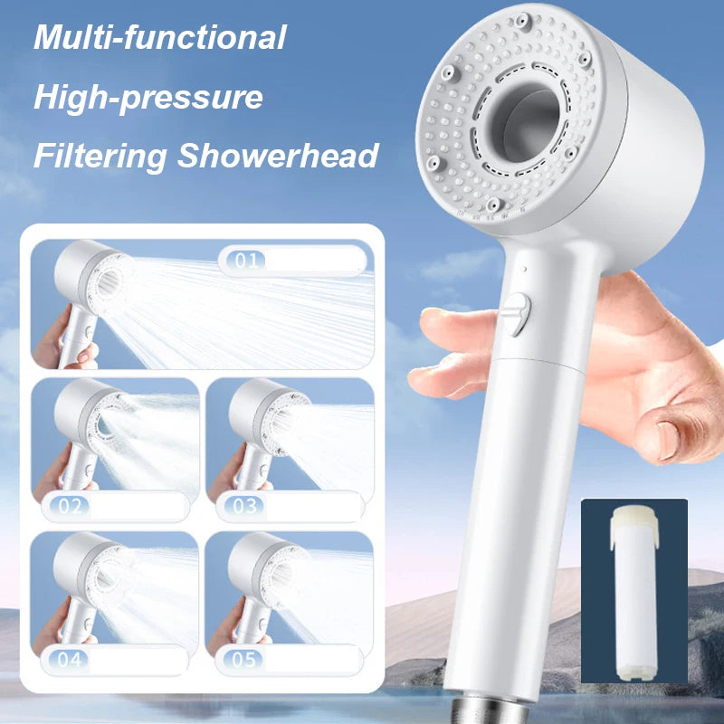 High Pressurized Filter Shower Head 5-mode Adjustable Spa Showerhead One Button Stop Water Saving Shower Bathroom Accessories