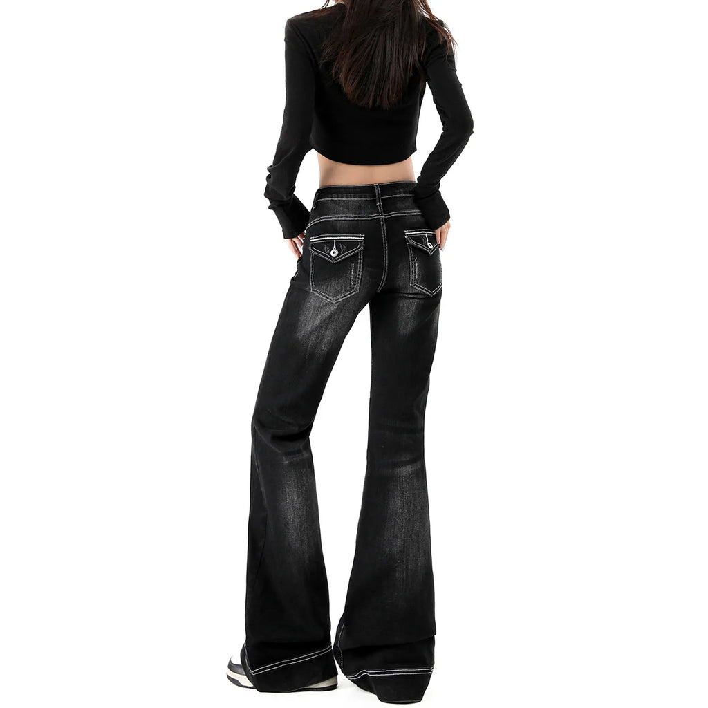 Women Low Rise Flare Jeans Vintage Black Washed Denim Pants Y2K Slim Bell Bottom Trousers Fashion Streetwear Casual Long Pants