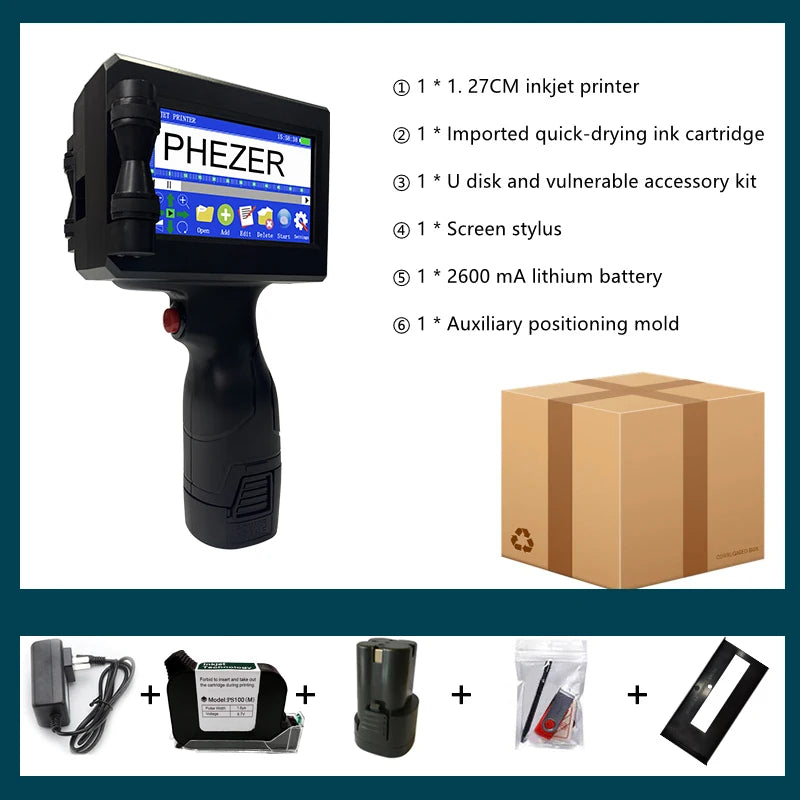 Phezer P15 12.7/25.4mm Handheld Inkjet Printer 28 Languages QR Code Barcode Batch Code Date Marking Expiration Date Coder