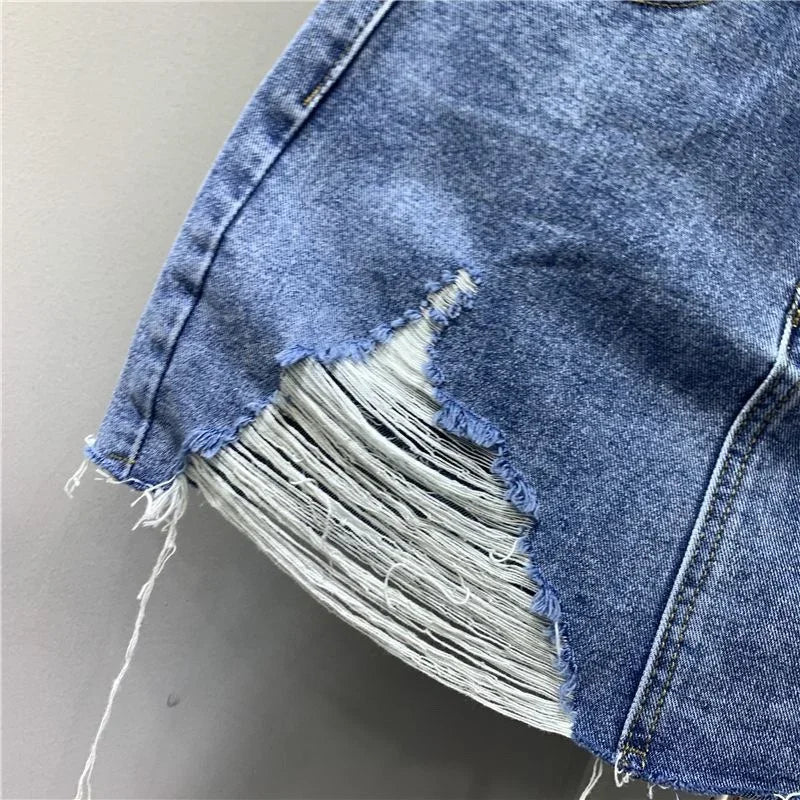 Washed and Worn Out Irregular Denim Half Body Skirts.New Summer Fashion and Individual High-waisted Denim Short Skirt for Women