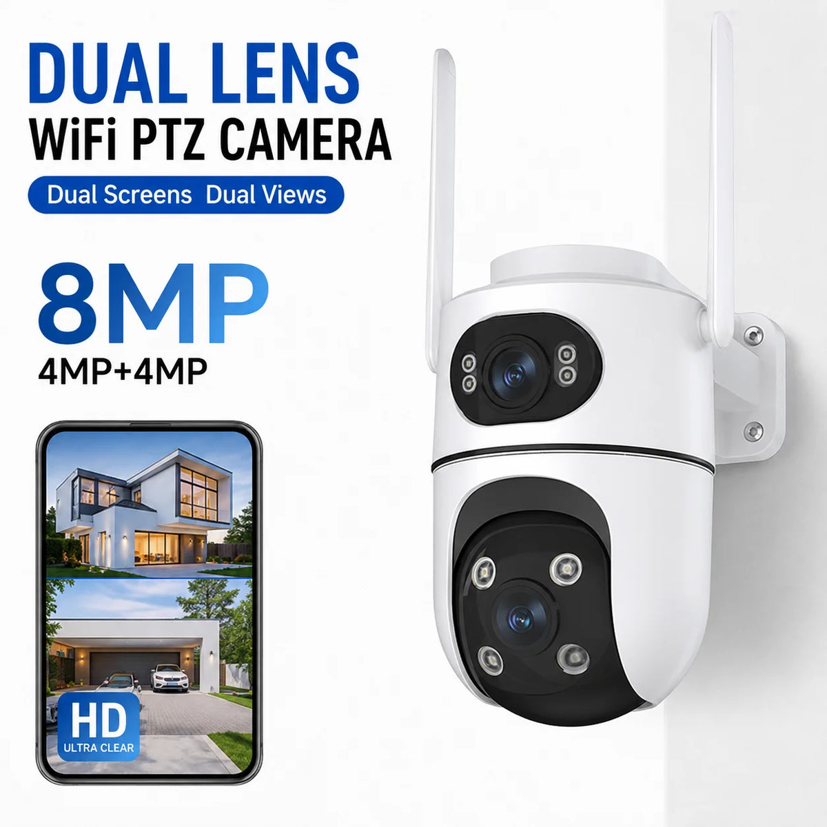 8MP Dual Lens WiFi PTZ Camera Outdoor Security Camera 4MP+4MP Wireless CCTV IP Camera Smart Home Surveillance Night Vision AI De