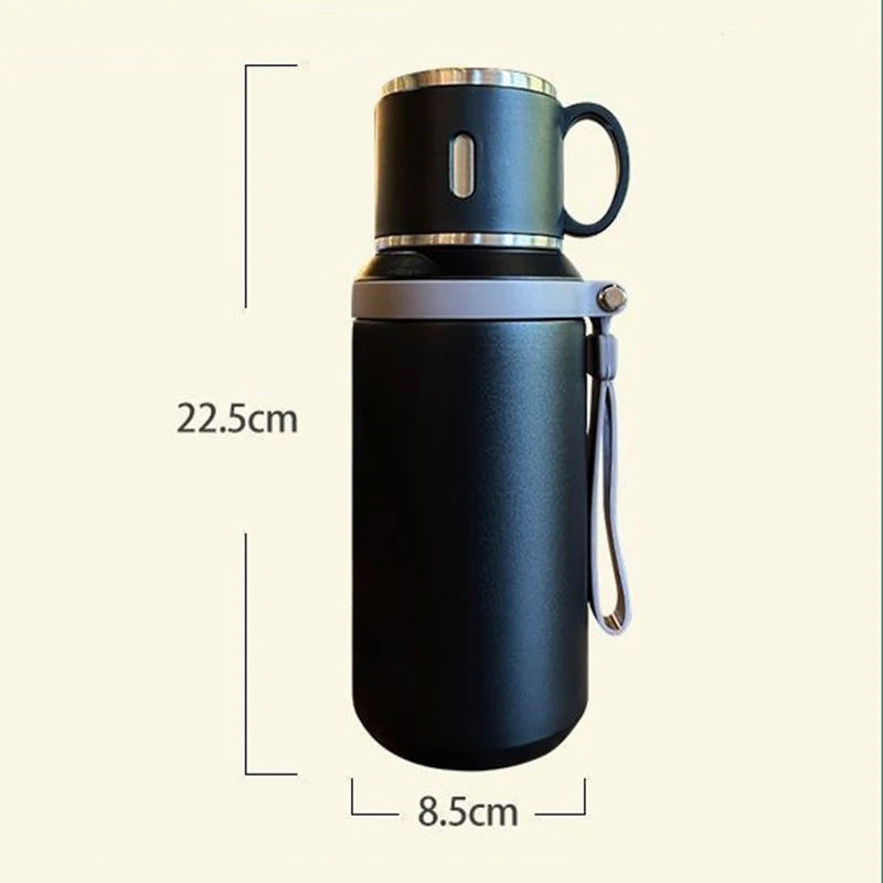 600ML Stainless Steel Insulated Bottle Double Wall Vacuum with Cup Lid Rope Handle Office Home Travel Thermos Coffee Cup Outdoor