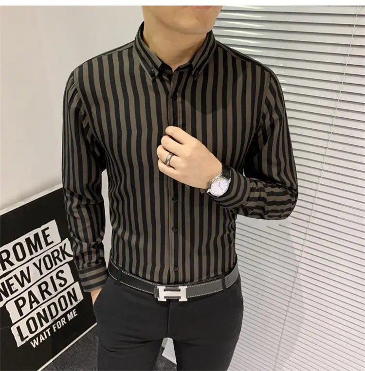 2024 Spring and Autumn Fashion Trend Casual Business Minimalist Buckle Neck Stripe Print Slim Fit Oversize Long Sleeved Shirt