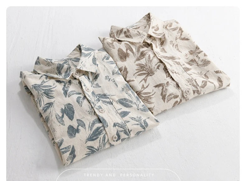 Summer New Printed Breathable Linen Cotton Short Sleeve Shirt for Men Clothing Casual Turn-down Collar Summer Shirt FY736