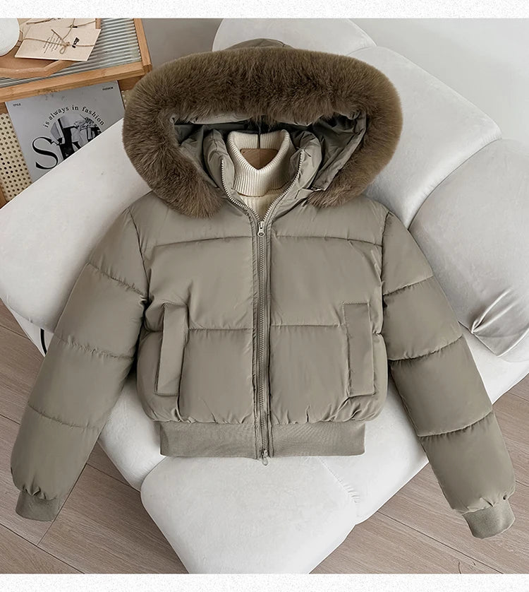 Women's Short Thickened Winter Cotton Jacket Quilted Coat Fur Collar American Retro Style Warm Casual Fashion Regular Fit