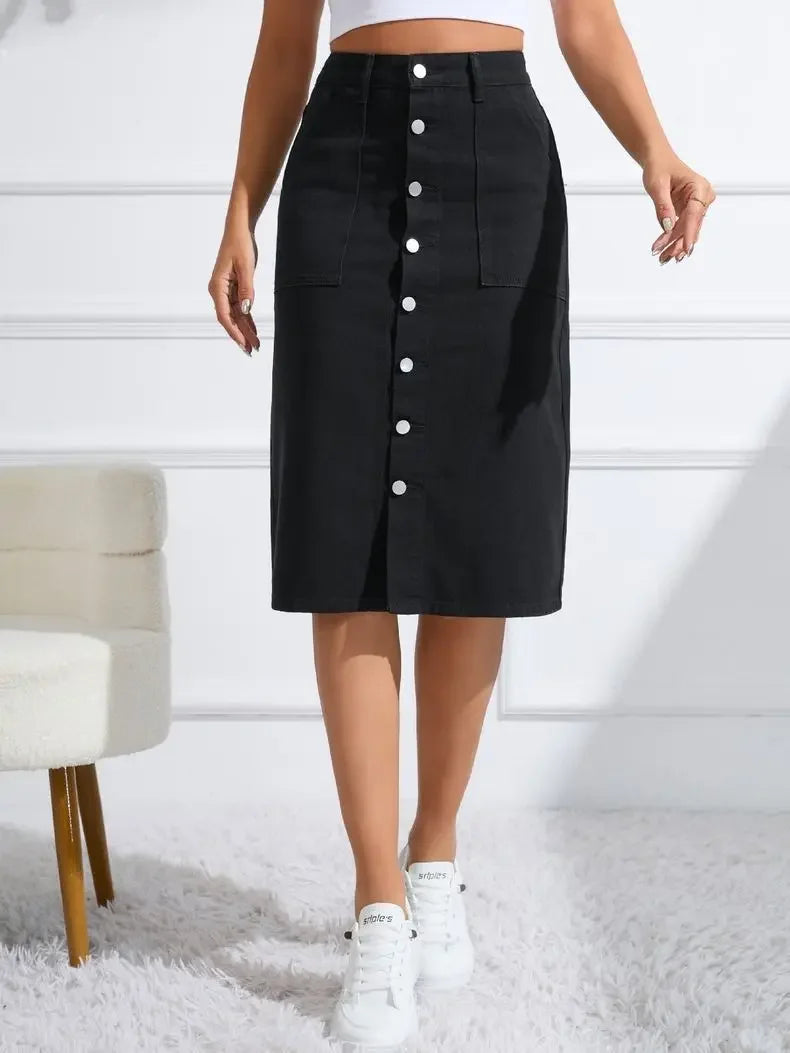 Women High Waist Stretchy Denim Pencil Skirt Midi Length Knee-Length Slit Bodycon Flattering Casual Daily Streetwear