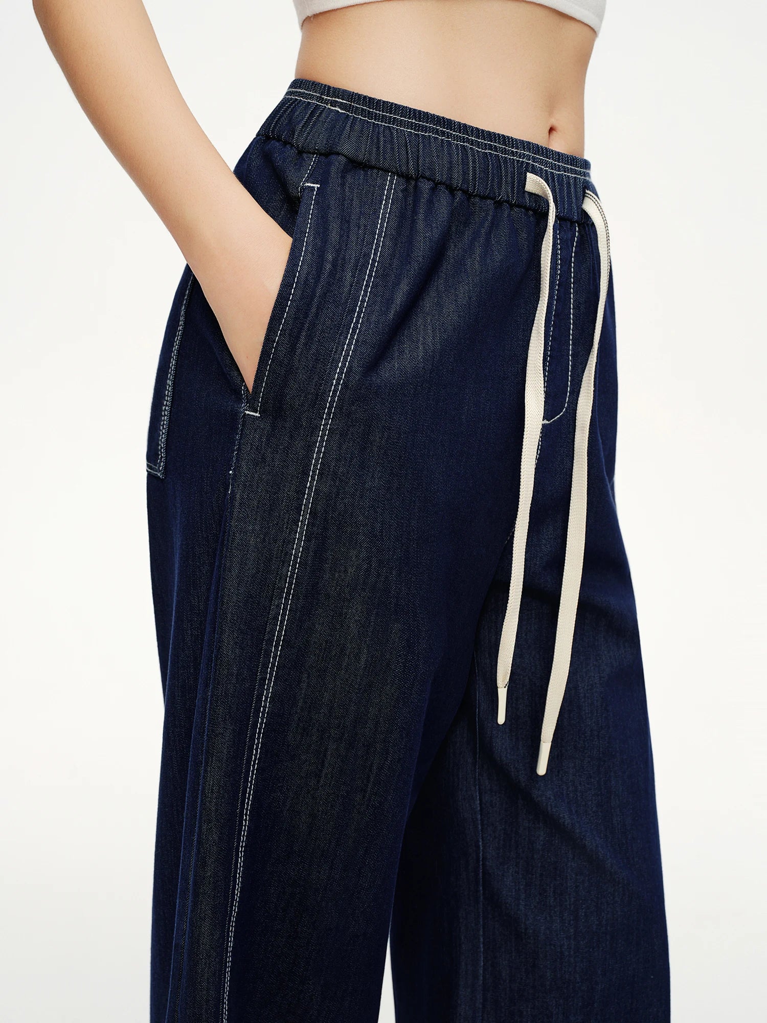 DUSHU 2026 Spring Women's Contrast Topstitching Straight Leg Jeans, Elastic Drawstring Waist Casual Pants for Y2K Street Style