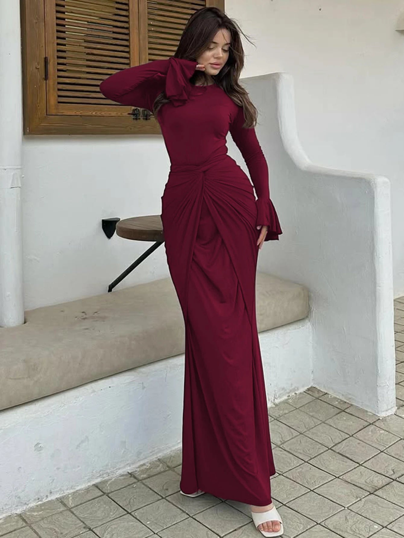 Dulzura O-Neck Long Flare Sleeve Ruched Lace Up Slim Long Dress Women'S Fashion Elegant Clothes Party Club Street Autumn Outfit