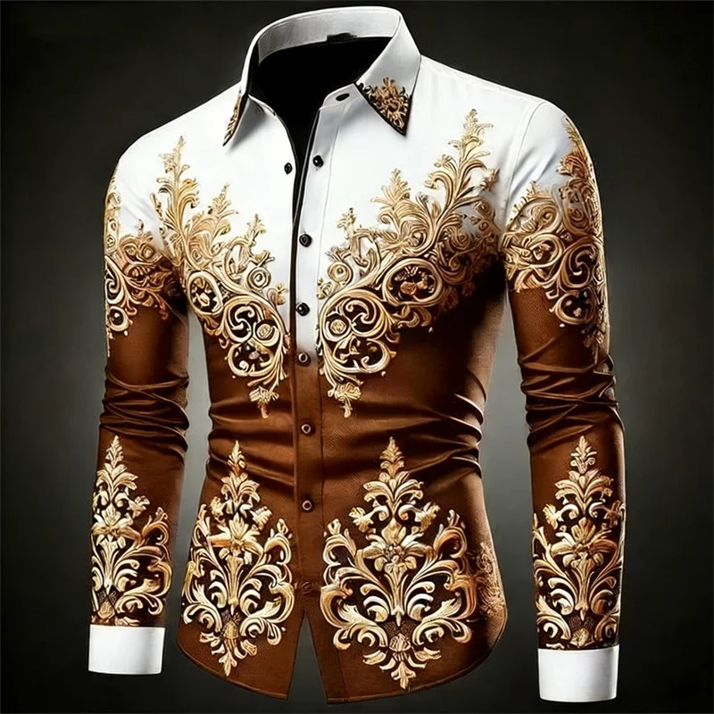 New 12 Color Men's Gold Exquisite Pattern Long-Sleeved Button Retro Floral 3D Printed Hawaiian Shirt Fashionable Shirt