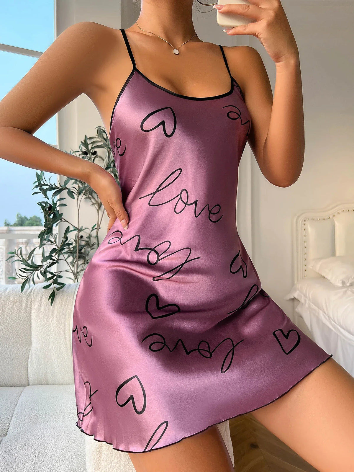 Heart Letter Print Nightdress Casual Round Neck Spaghetti Strap Sleep Dress Women's Sleepwear Dresses