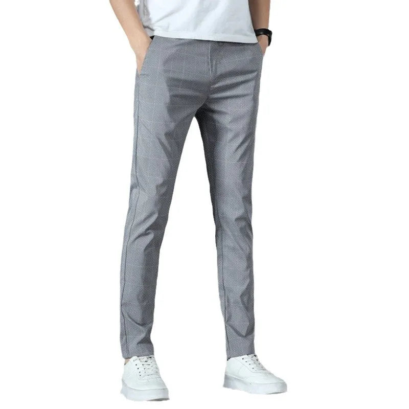 2025 Spring/Summer Men's Elastic Slimming Straight Leg Casual Pants Fashion Breathable Grid Design Sports Pants
