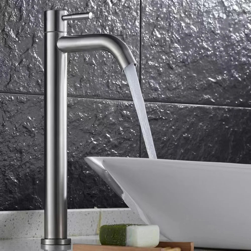 Stainless Steel Heighten Washbasin Faucet Silver/Black Quick Open Single Cold Faucet Rust-proof Sink Water Tap Bathroom Counter