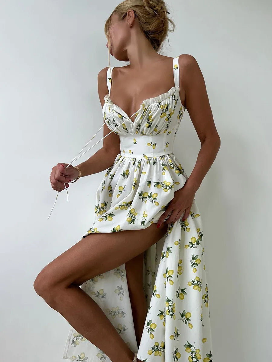 Bornladies 2025 Summer New Printing Cami Dress High Waist Slit Lemon Print Maxi Dress Vacation Long Dress For Women