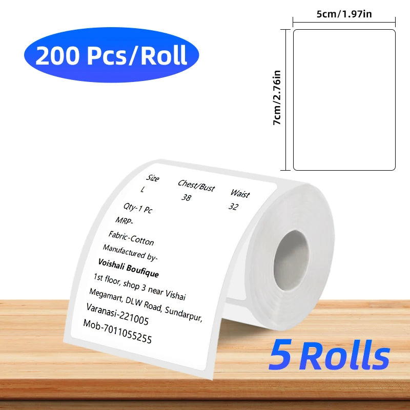 5 Rolls of Thermal Label Paper, Coreless White Self-Adhesive Waterproof Stickers, Suitable for Portable Handheld Printers - for Barcodes, Addresses, Shipping, Corporate Offices, Commercial and Home Labels 30*20mm 30*30 40*20