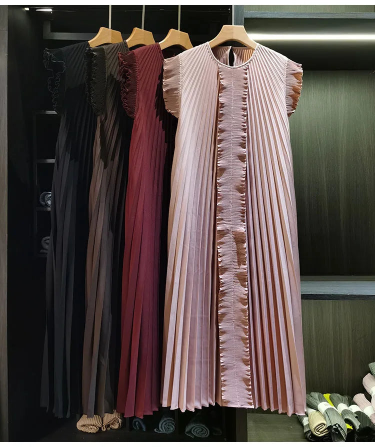 Miyake Pleated Solid Color Dresses High-End 2026 Ruffled Handmade Pleats Solid Color Fold Dress Summer Elegant Sleeveless Dress