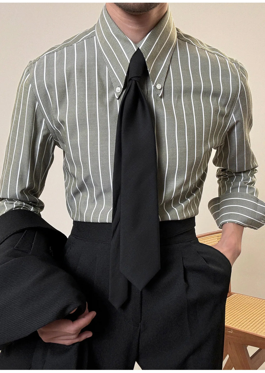 Anti-wrinkle Tianshan Cotton Italian Long Point Collar White Striped Shirt Men's Long Sleeve Casual Business Shirt