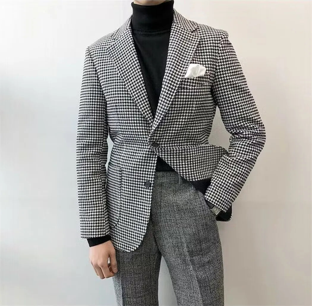 Slim Fit Casual Men's Blazer Houndstooth Fashion Style Business Man Suit Jacket Notch Lapel 1 Pc Check Wedding Coat for Prom