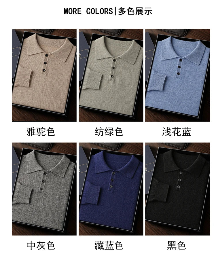 Autumn/Winter Men's 100% Cashmere Pullover Business Casual Solid Knitted Sweater Loose POLO Collar Tops Basic Thick Warm Jumper