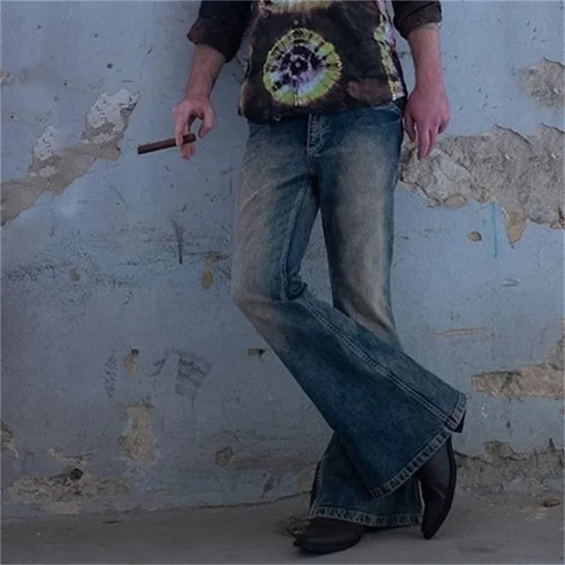 Vintage Men's Big Flared Jeans Male Youth Four Seasons Casual Deep Blue Denim Pants 2023 Fashion High Waist Trousers Streetwear