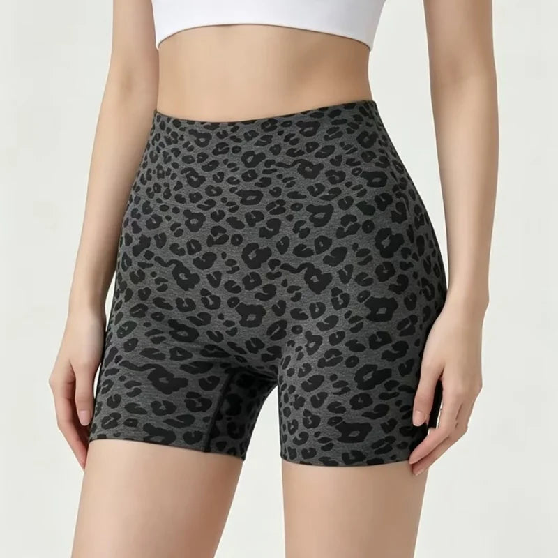 Sexy Leopard Print Seamless Yoga Shorts High Waist Peach Butt Lift Tummy Control 4-Way Stretch Breathable Workout Cycling Pants