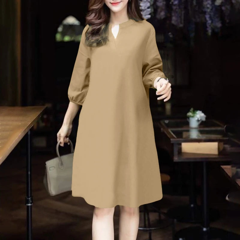 2025 ZANZEA Fashion Women V Neck 3/4 Sleeve Dress Autumn Sundress Elegant Solid OL Work Dresses Casual A Line Loose Vestido Robe