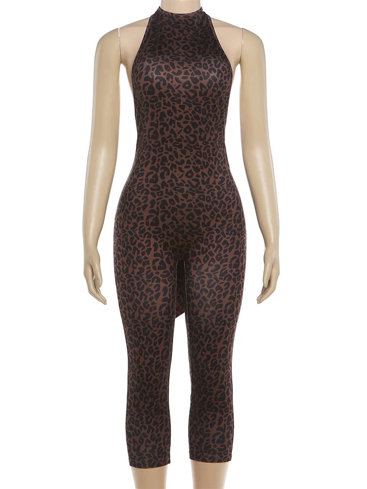 Weird Puss Sexy Leopard Print Romper Women Hottie Trend Halter Backless Bandages Sleeveless Fashion Midnight Street Playsuits