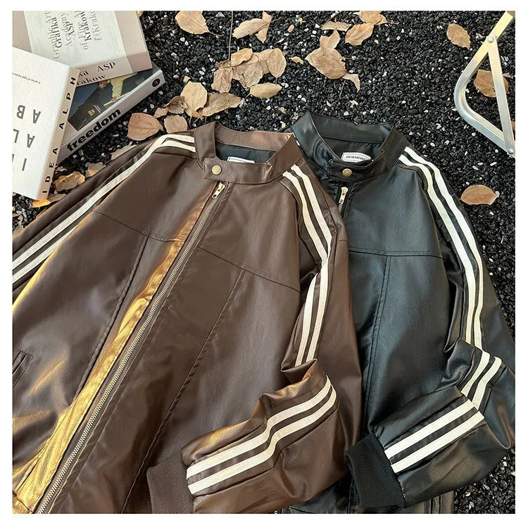 Men's Brown Leather Jacket American Retro Patchwork Striped Outerwear Youthful Style Summer Biker Coat Long Sleeve Zipper Clo...
