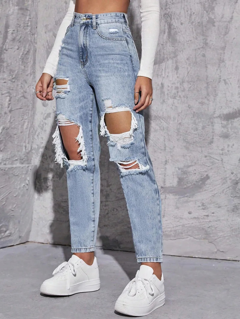 Women's High Waist Ripped Denim Jeans with Distressed Knee Holes and Straight Leg Fit for Casual Streetwear Fashion