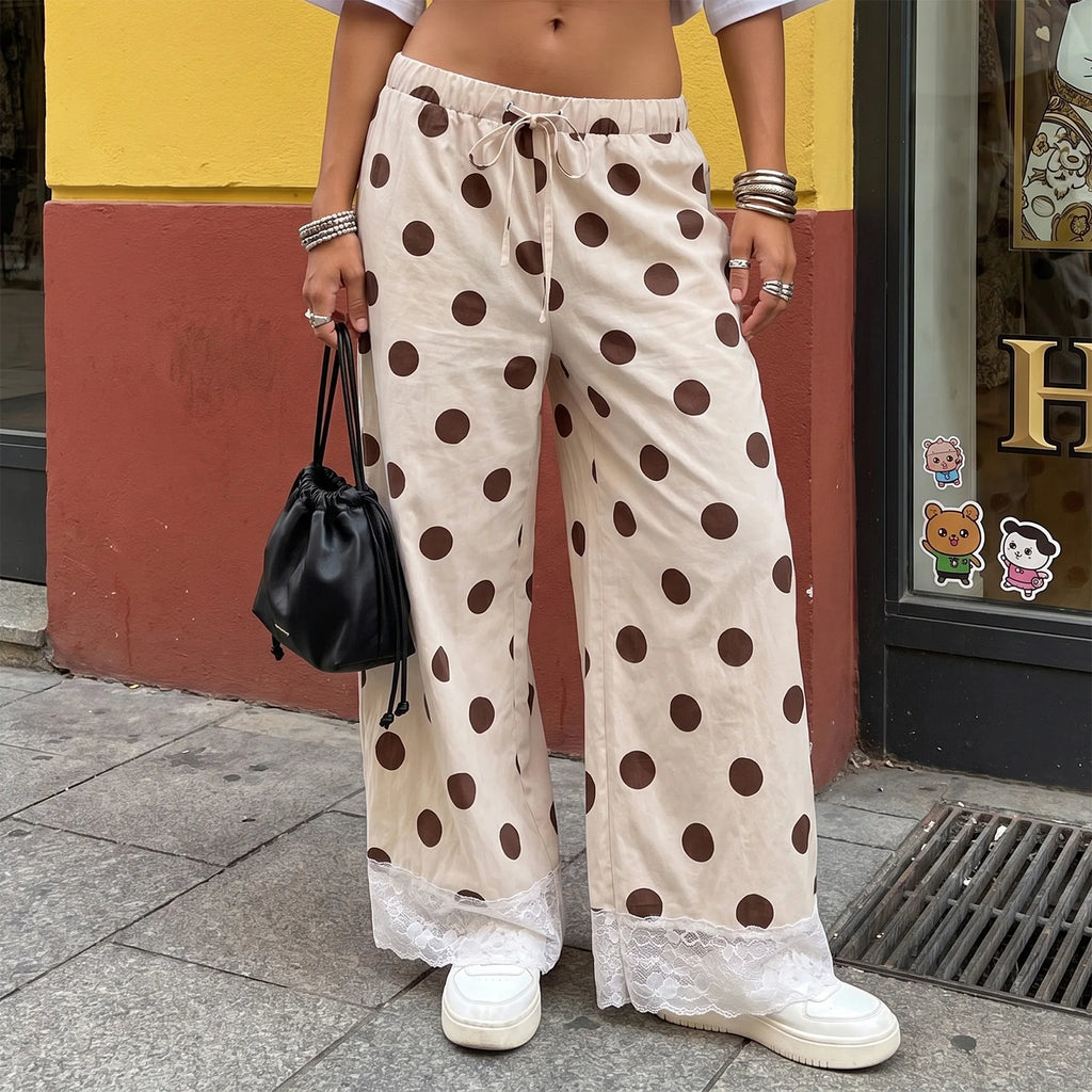 Women Y2K Retro Polka Dot Pants Lace Hem Elastic High Waist Drawstring Loose Fit Trousers Sweet French Style Vacation Bottoms