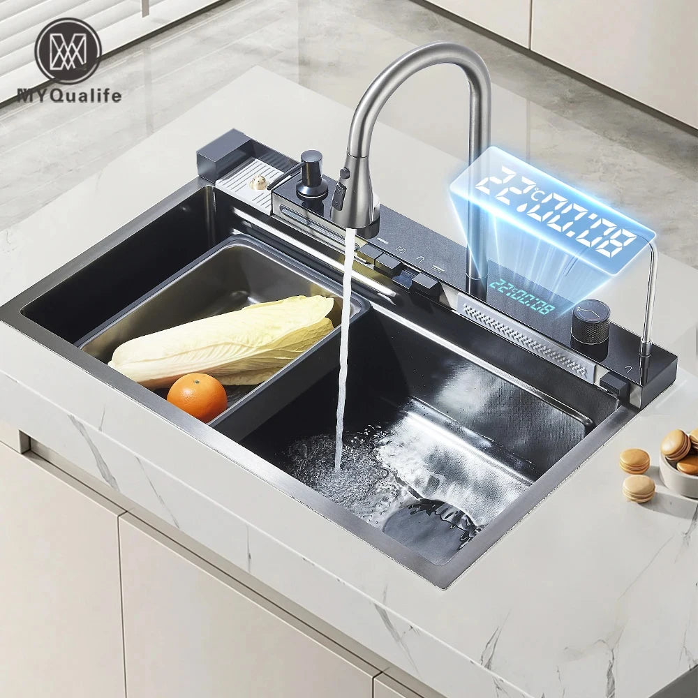 304 Stainless Steel Waterfall Kitchen Sink Large Single Slot Integrated Digital Display Faucet Set Soap Dispenser Cup Washer