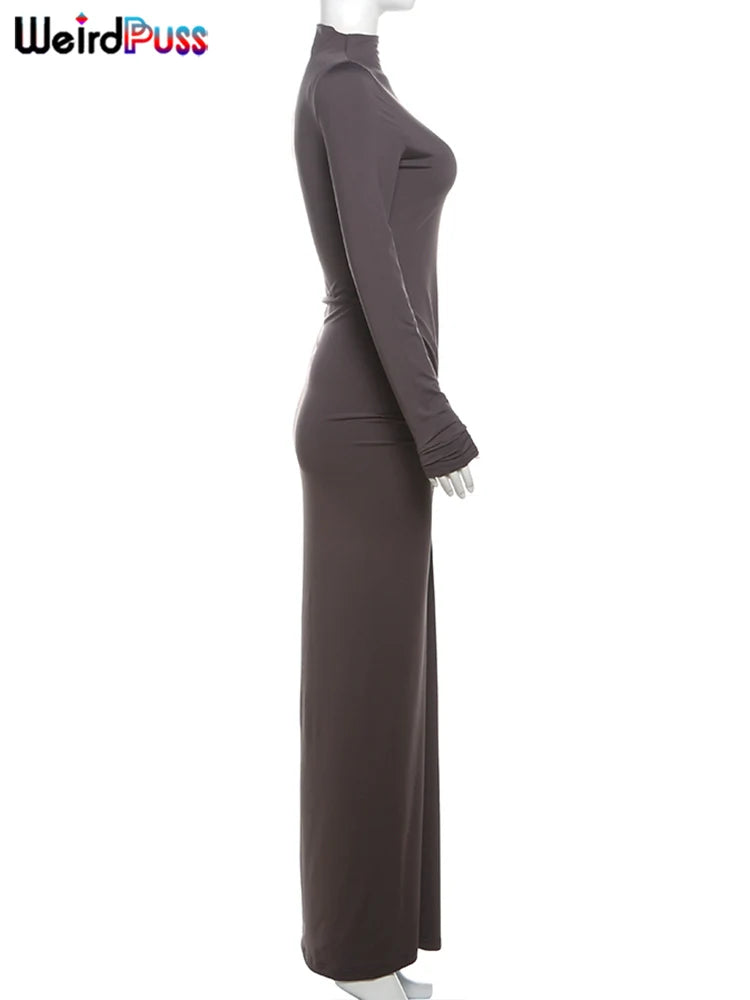 Weird Puss Hipster Ruched Dress Women O-Neck Full Sleeve Skinny Stretch Robe Autumn Trend Simple Classic Pleats Long Bodycon