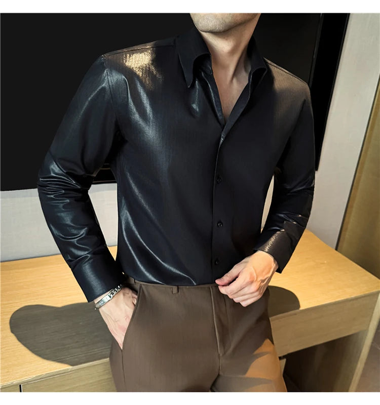 Men's 2026 Spring Luxury Lyocell Cotton Shirt, Leather-Like Texture Jacquard V-Neck, Long Sleeve Business Casual Top