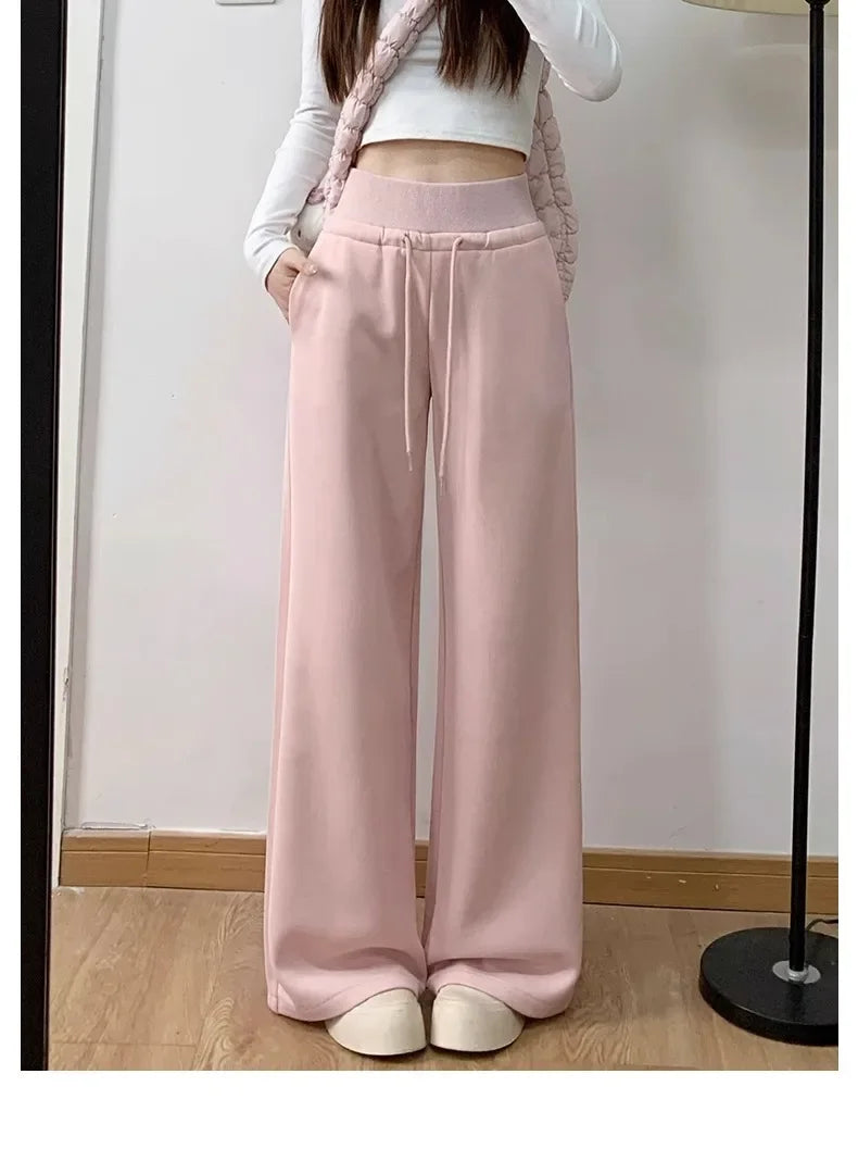 Women High Waist Drawstring Wide Leg Sweatpants Casual Loose Solid Color Straight Trousers Soft Sports Jogger Pants Streetwear