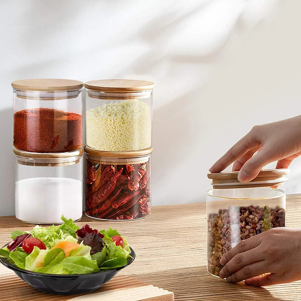 10pc Glass Sealed Jar Set 250ml 350ml Storage Tank With Bamboo Lid Seasoning Bottles, Coffee Storage Jars Kitchen Storage Jar