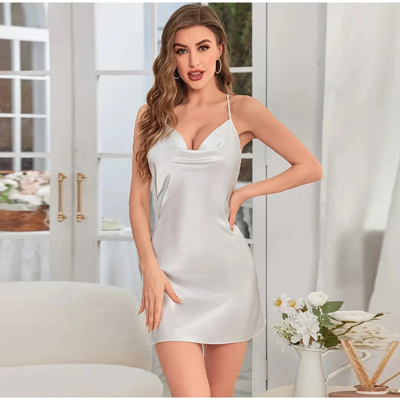 New Summer Solid Silk Stain V-neck Nightgown Women's Sleepwear Butterfly Cross Suspender Backless Mini Dress Thin Nightdress