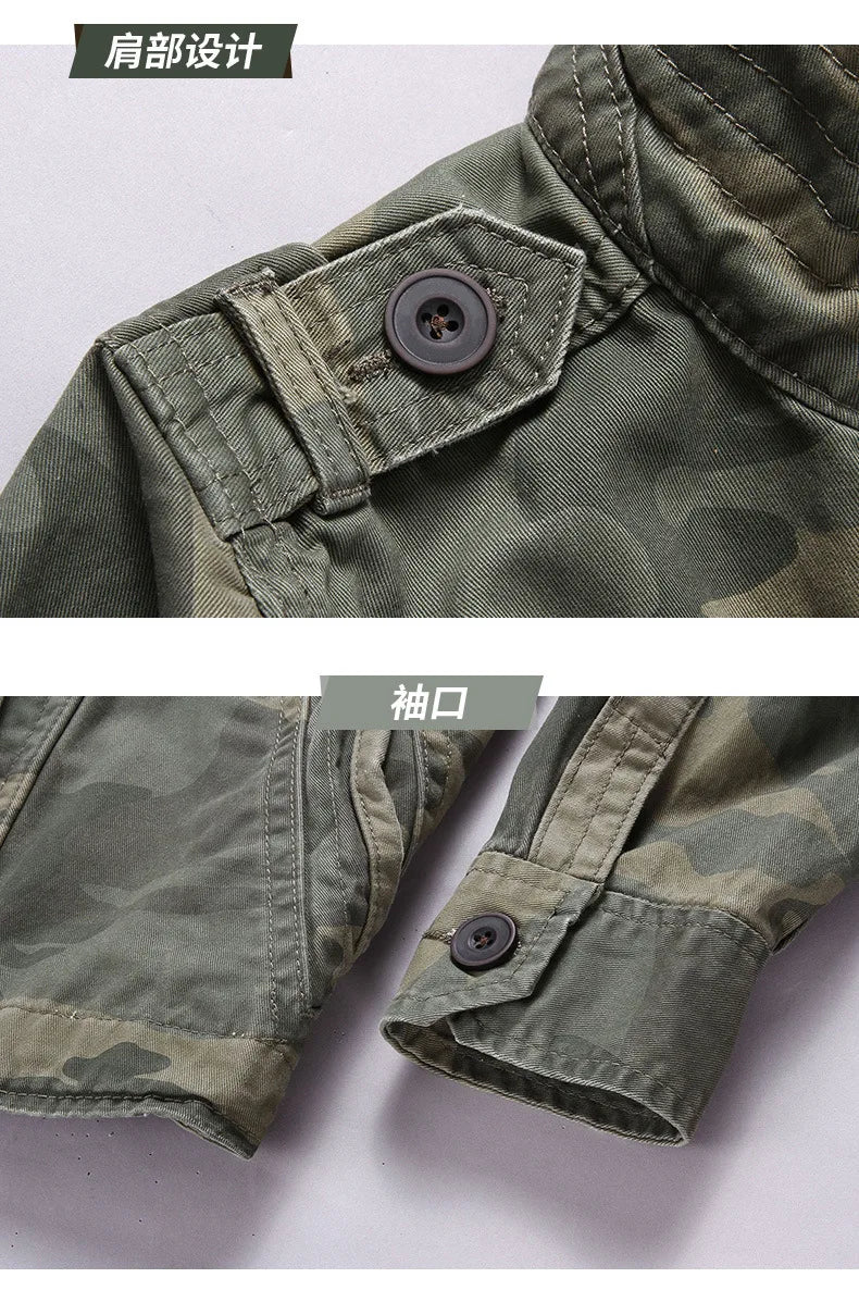 Men Camo Cargo Jacket Autumn Heavyweight Wash Cotton Windbreaker Jacket Military Camouflage Outdoor Sportswear Coat Multi Pocket