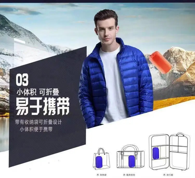 Down Cotton Coat Man 2025 Light Feathered Cotton Jacket Winter Slim Hooded Stand-Up Collar Solid Color Warm Clothing
