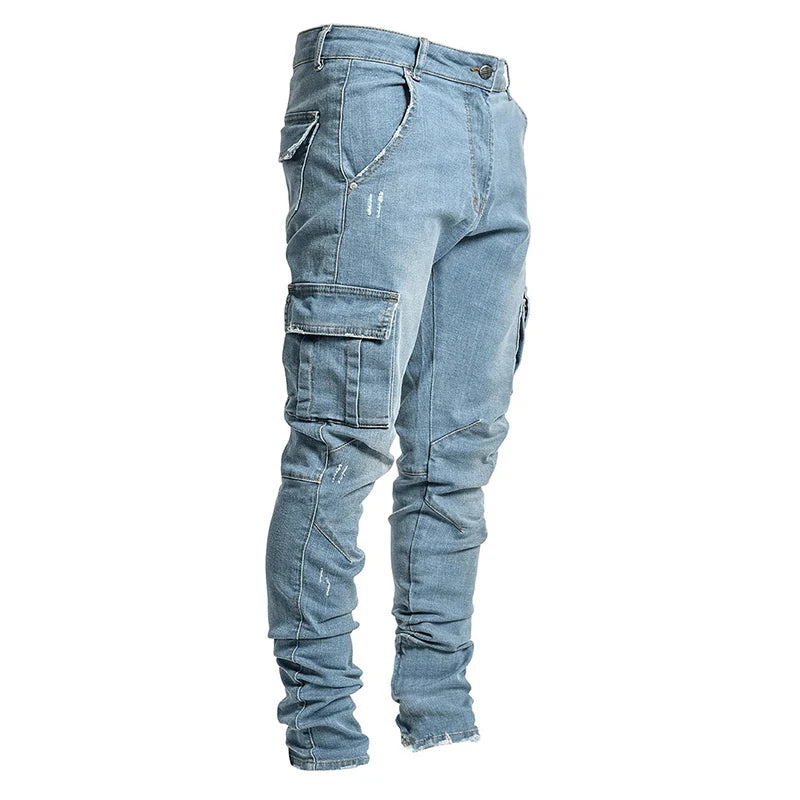 Motorcycle Riding Jeans Men Multi-Pockets Riding Pants with Knee Pads Casual Denim Trousers Solid Fashion Cargo Pant Biker New