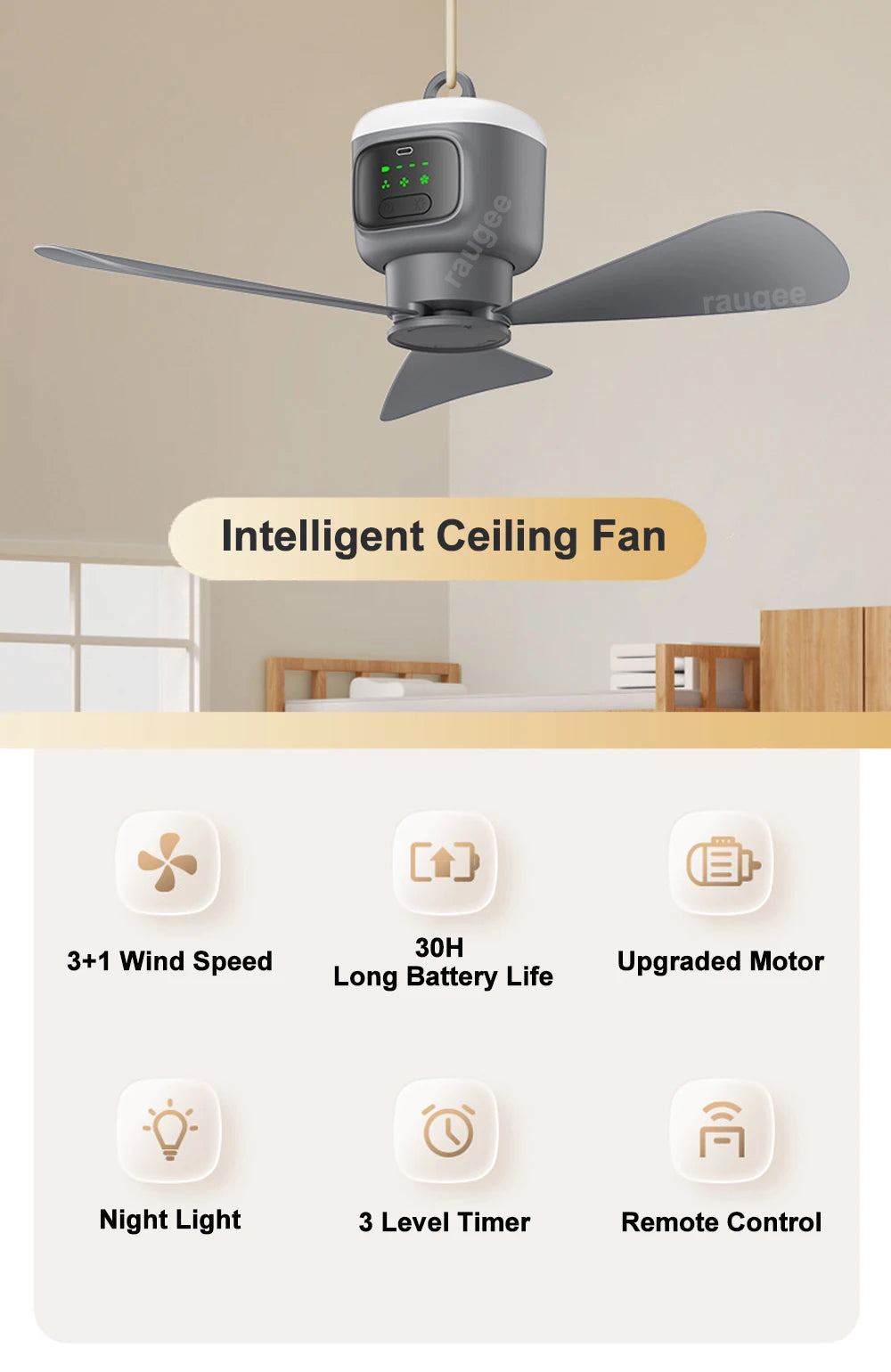 12000mAh Portable Ceiling Fans Outdoor Camping Fan Tent Air Circulator Cooler Rechargeable Electric Fan Remote Control LED Light